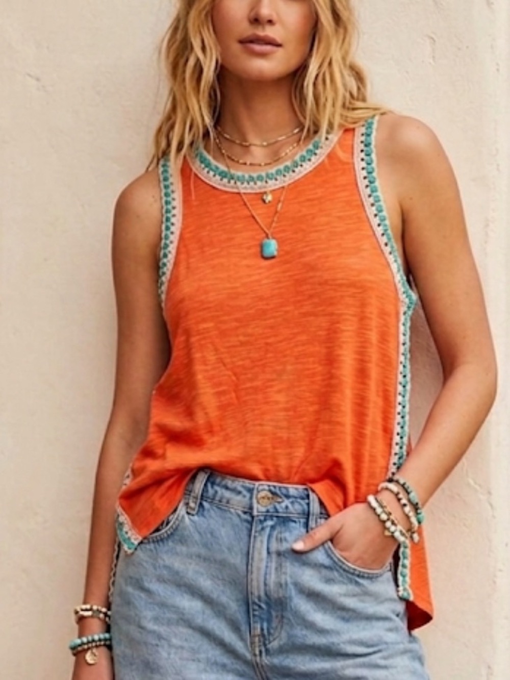 We The Free Orange Tank with Aqua Crochet Trim